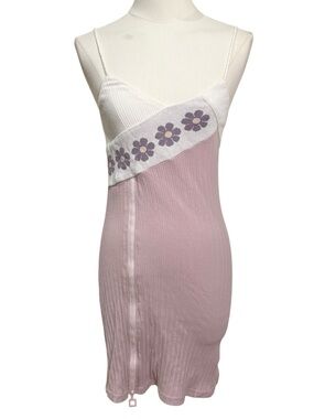 Y2K Ribbed Floral Panel Zip Front Bodycon Mini Dress in Purple Size XS/S